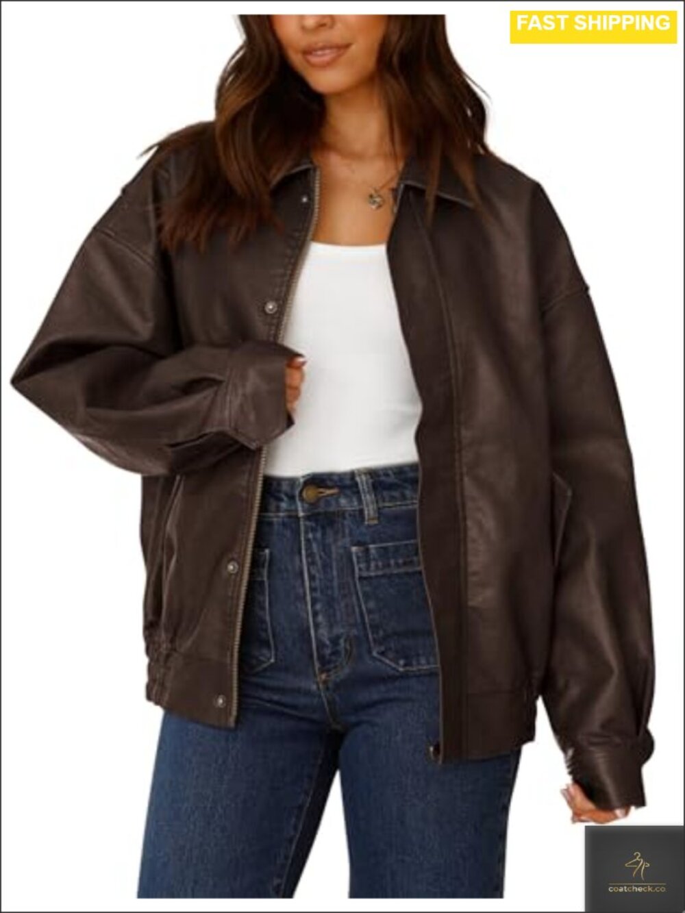 Faux Leather Motorcycle Jacket Women Zip Up Oversized Biker Coat